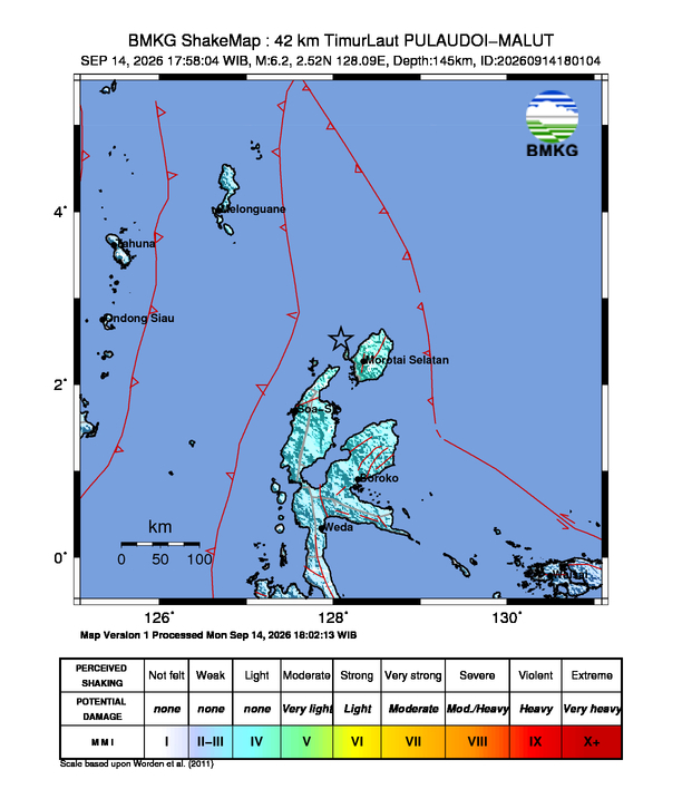 Peta gempa 42 km Timur Laut Pulau Doi, Maluku Utara