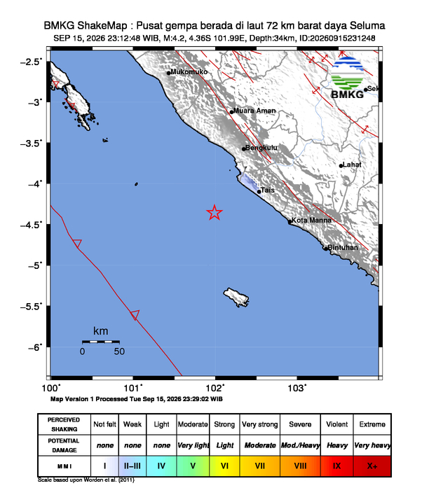 Gempa Magnitudo 4.2, 72km dari Barat daya Seluma, Bengkulu