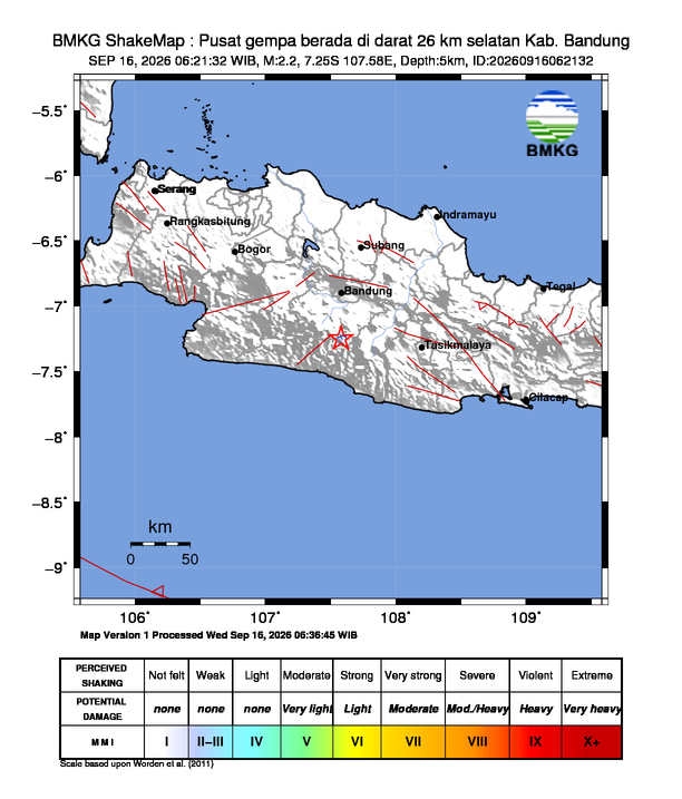 Gempa Magnitudo 2.2, 26km dari Selatan Bandung, Jawa Barat