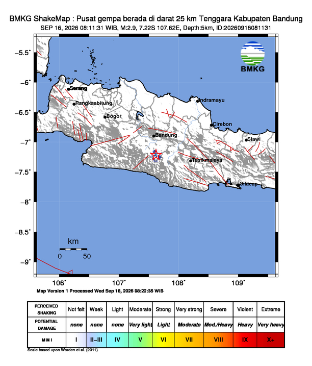 Gempa Magnitudo 2.9, 25km dari Tenggara Kabupaten Bandung, Jawa Barat