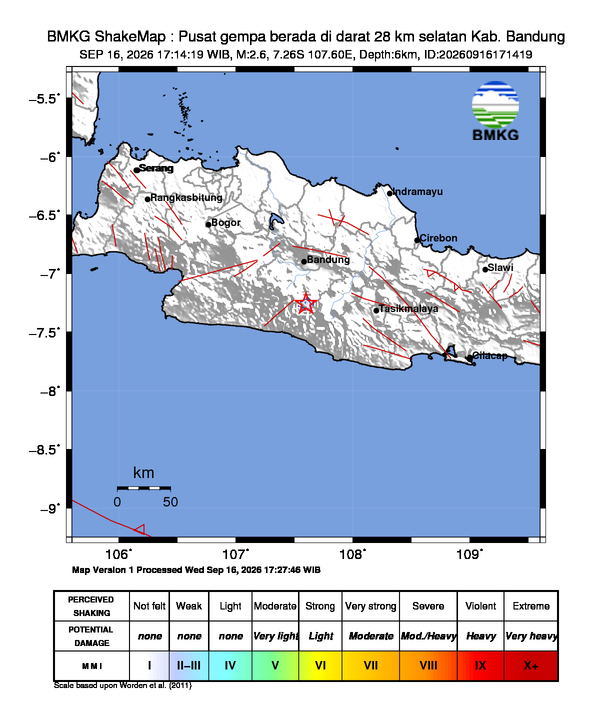 Gempa Magnitudo 2.6, 28km dari Selatan Kab. Bandung, Jawa Barat