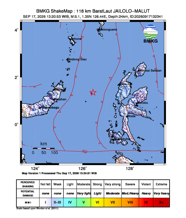 Peta gempa 118 km Barat Laut Jailolo, Maluku Utara