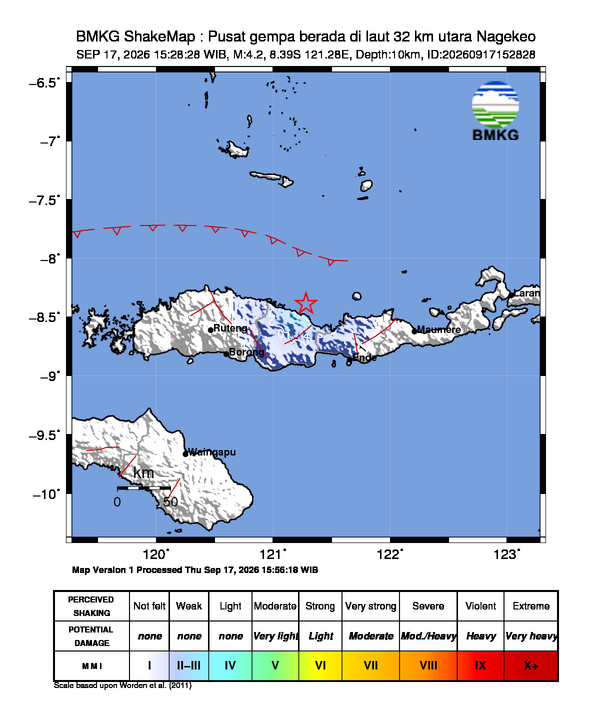 Gempa Magnitudo 4.2, 32km dari Utara Nagekeo, Nusa Tenggara Timur