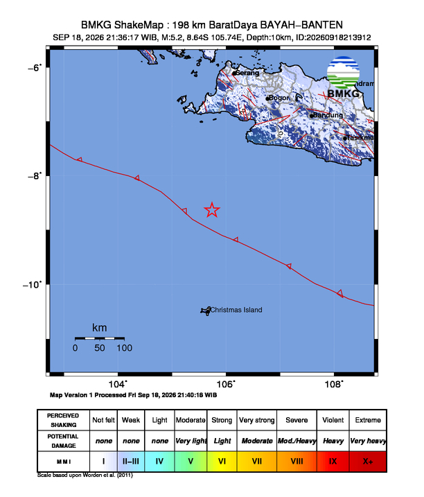 Peta gempa 198 km Barat Daya Bayah, Banten