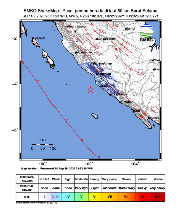 Gempa Magnitudo 4.6, 60km dari Barat Seluma, Bengkulu