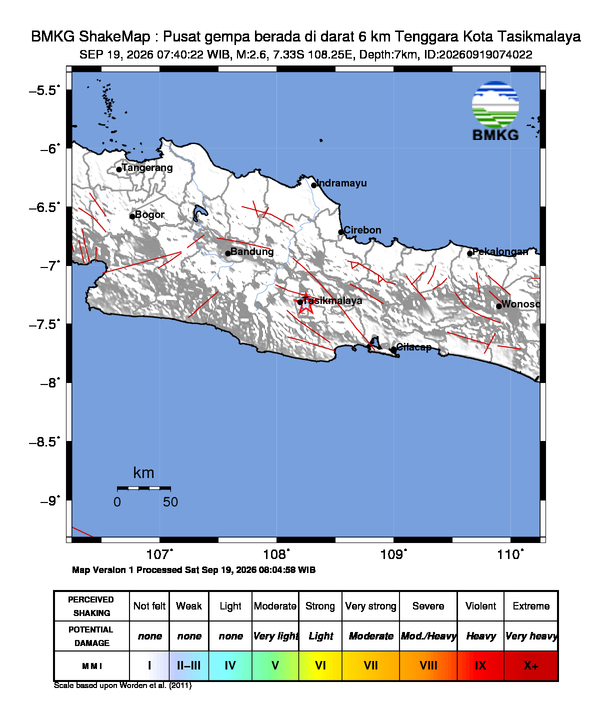 Gempa Magnitudo 2.6, 6km dari Tenggara Kota Tasikmalaya, Jawa Barat