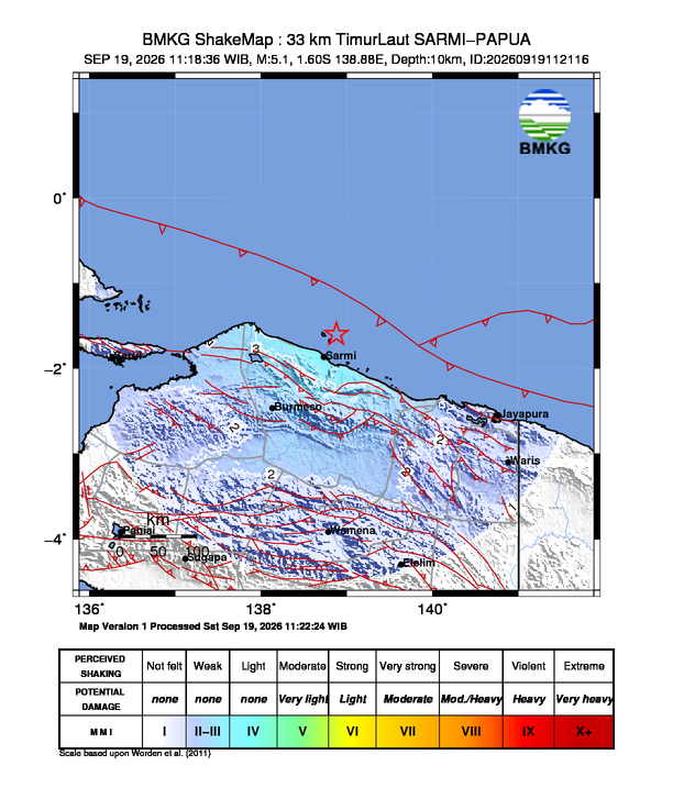 Peta gempa 33 km Timur Laut Sarmi, Papua