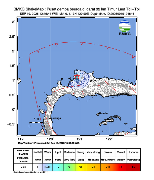 Gempa Magnitudo 4.0, 32km dari Timur Laut Tolitoli, Sulawesi Tengah