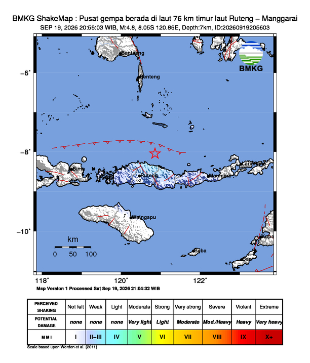 Gempa Magnitudo 4.8, 76km dari Timur laut Ruteng, Manggarai, Nusa Tenggara Timur