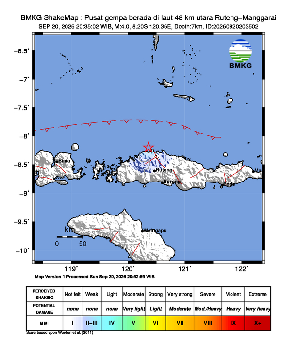Gempa Magnitudo 4.0, 48km dari Utara Ruteng, Manggarai, Nusa Tenggara Timur