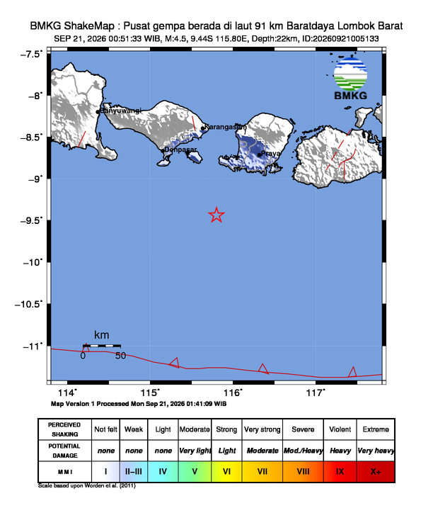 Gempa Magnitudo 4.5, 91km dari Barat Daya Lombok Barat