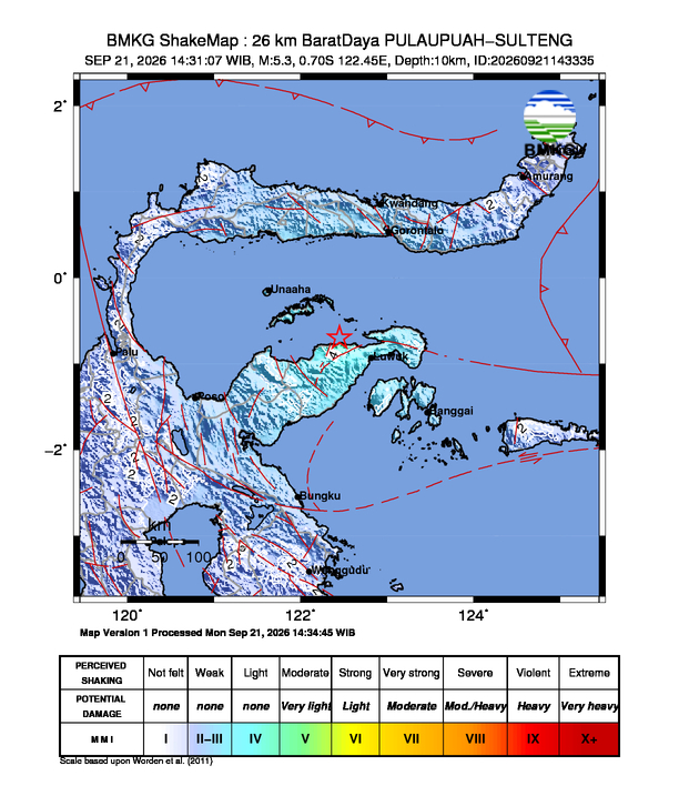 Peta gempa 26 km Barat Daya Pulau Puah, Sulawesi Tengah