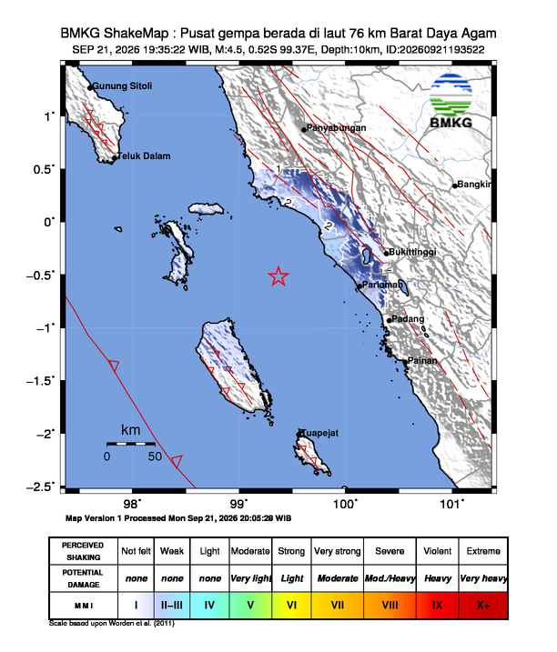 Gempa Magnitudo 4.5, 76km dari Barat Daya Agam, Sumatera Barat