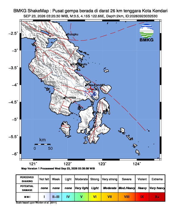Gempa Magnitudo 3.5, 26km dari Tenggara Kota Kendari, Sulawesi Tenggara