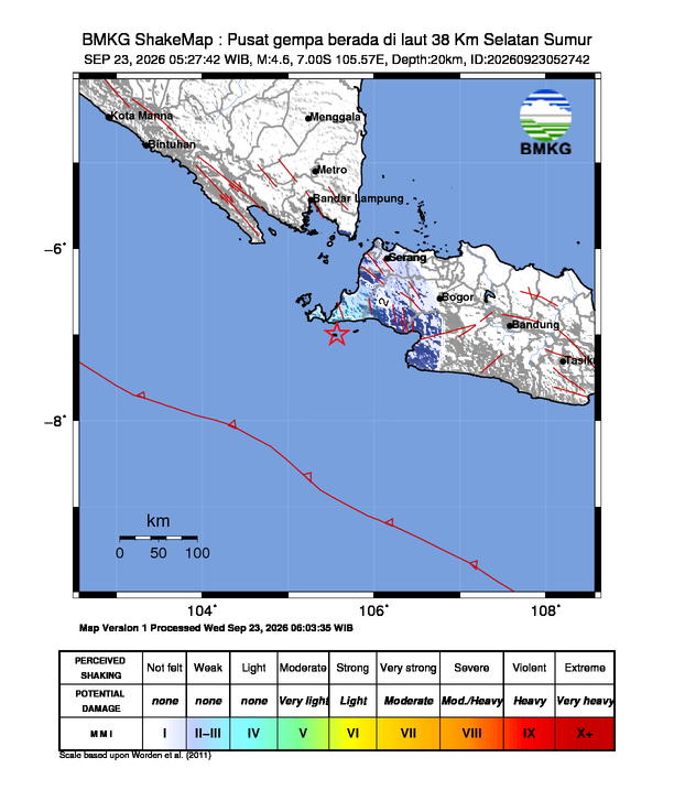 Gempa Magnitudo 4.6, 38 Km Selatan Sumur, Banten