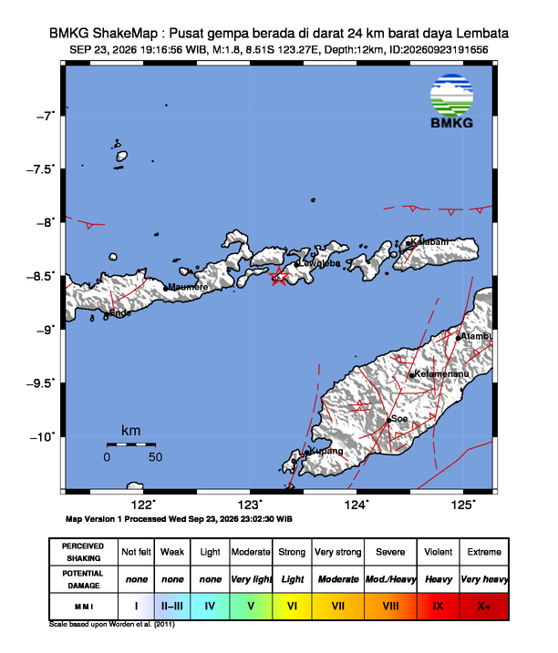 Gempa Magnitudo 1.8, 24km dari Barat Daya Lembata, Nusa Tenggara Timur