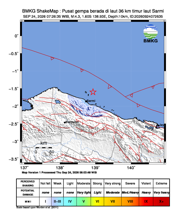 Gempa Magnitudo 4.3, 36km dari Timur Laut Sarmi, Papua
