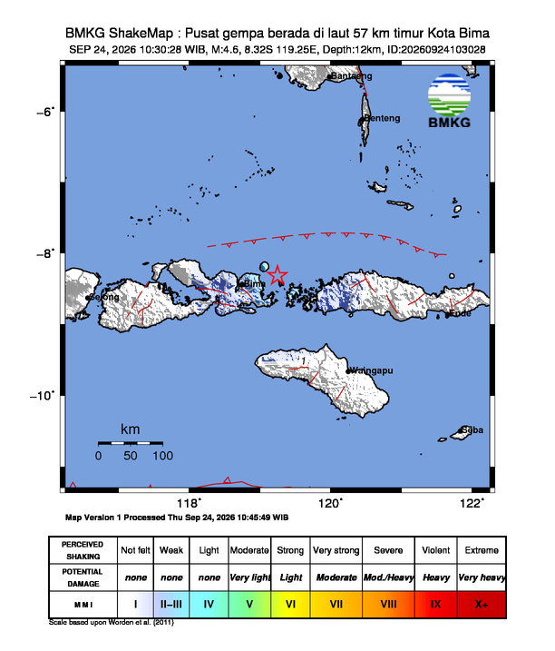 Gempa Magnitudo 4.6, 57km dari Timur Kota Bima, Nusa Tenggara Barat