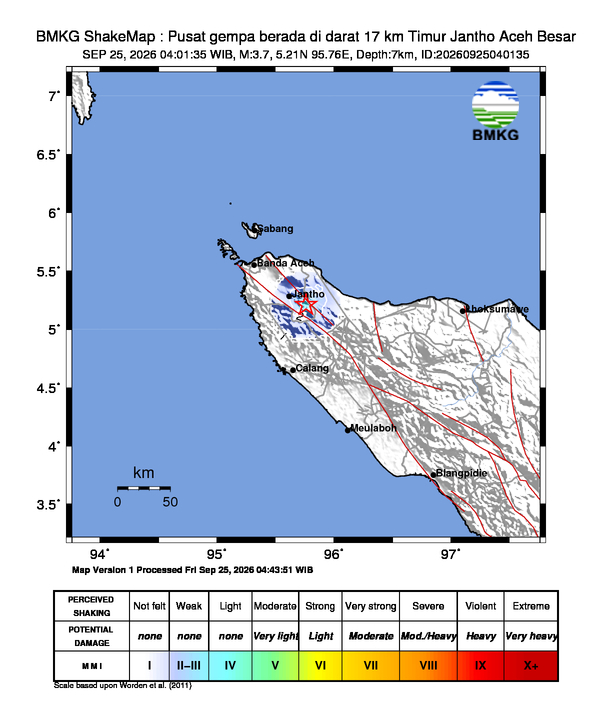 Gempa Magnitudo 3.7, 17km dari Timur Jantho Aceh Besar, Aceh