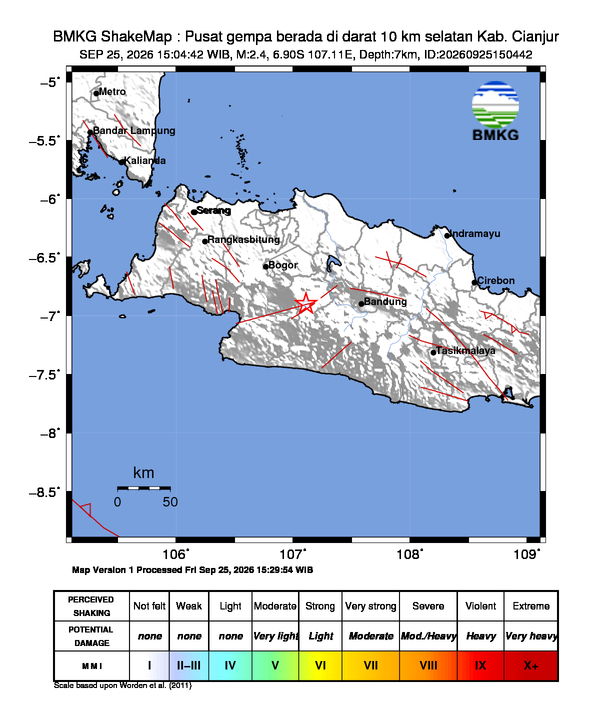 Gempa Magnitudo 2.4, 10km dari Selatan Cianjur, Jawa Barat