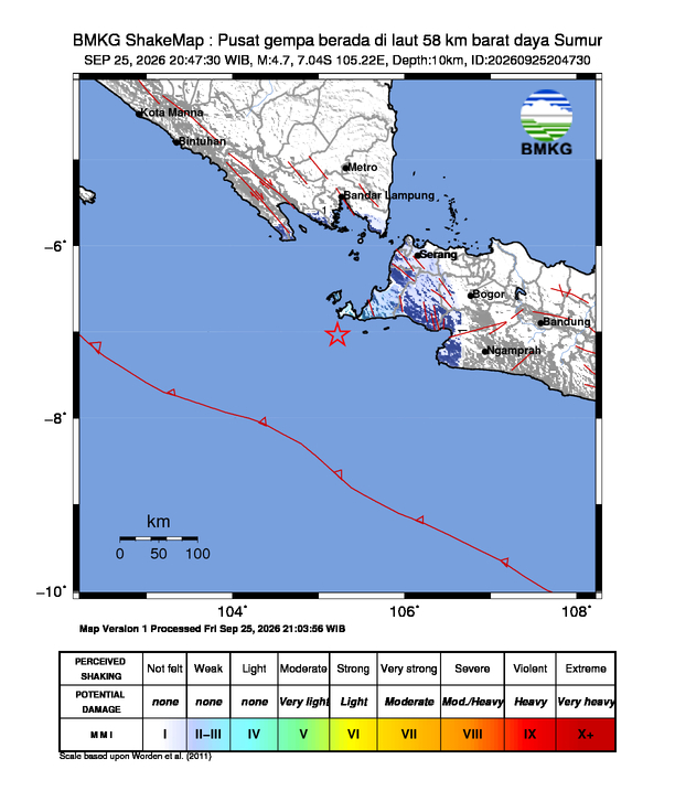Gempa Magnitudo 4.7, 58km dari Barat Daya Sumur, Banten