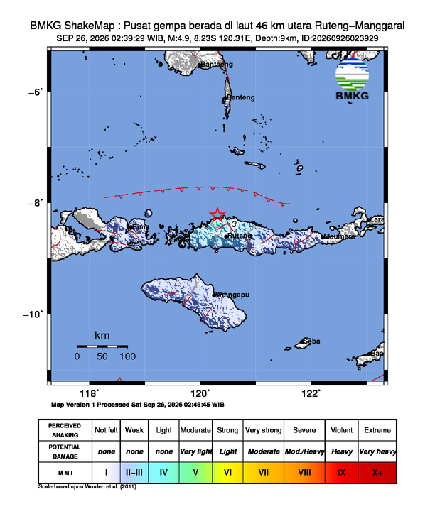 Gempa Magnitudo 4.9, 46km dari Utara Ruteng, Manggarai, Nusa Tenggara Timur