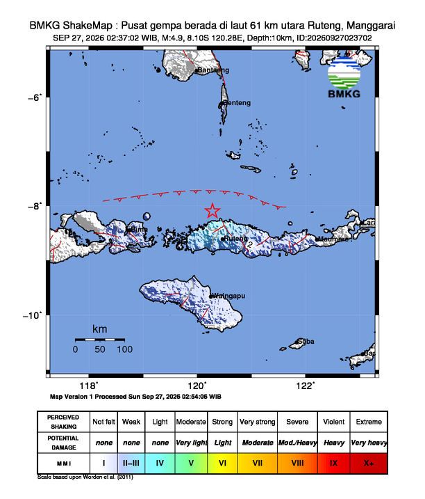 Gempa Magnitudo 4.9, 61km dari utara Ruteng, Manggarai, NTT