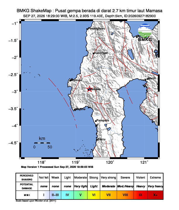 Gempa Magnitudo 2.5, 2.7km dari Timur laut Mamasa, Sulawesi Barat