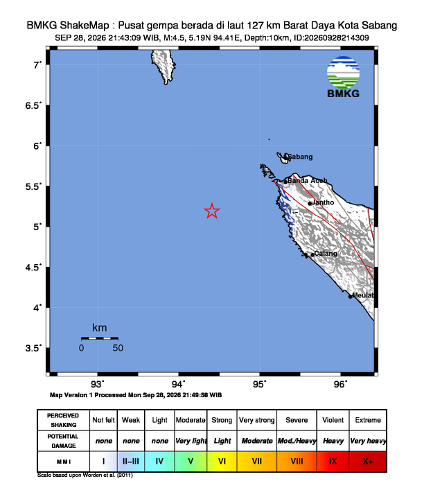 Gempa Magnitudo 4.5, 127km dari Barat Daya Kota Sabang, Aceh