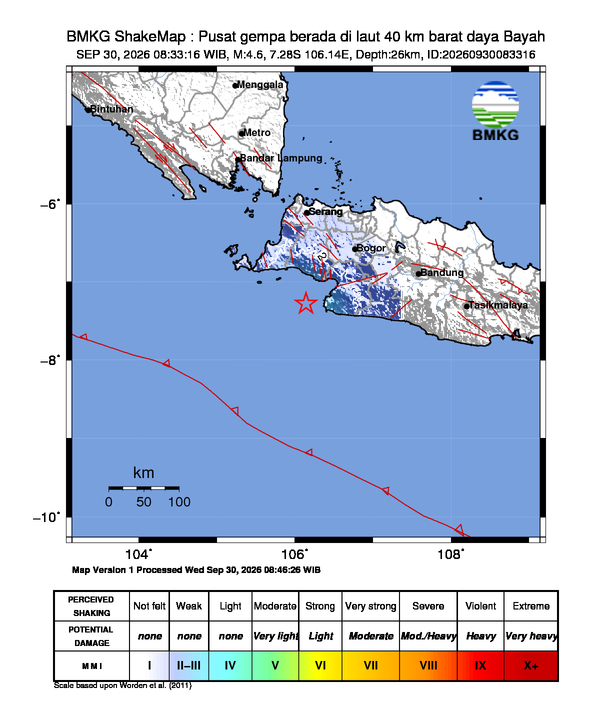Gempa Magnitudo 4.6, 40km dari Barat daya Bayah, Banten