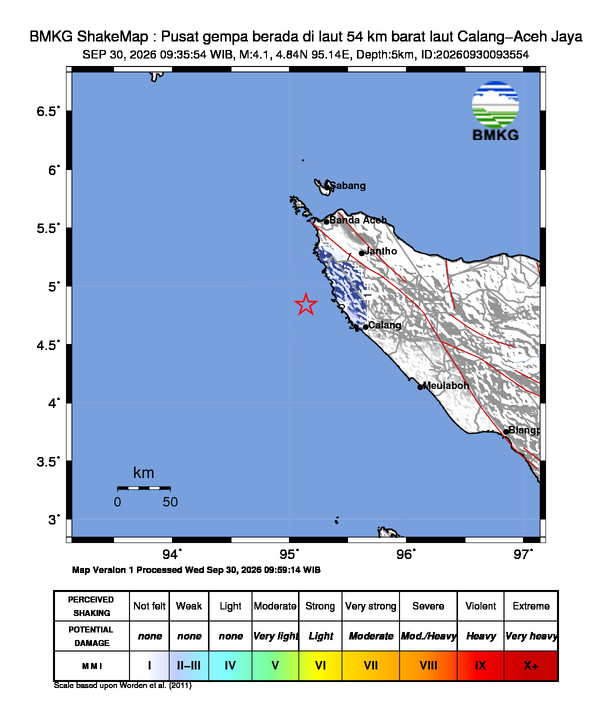 Gempa Magnitudo 4.1, 54km dari Barat laut Calang-Aceh Jaya