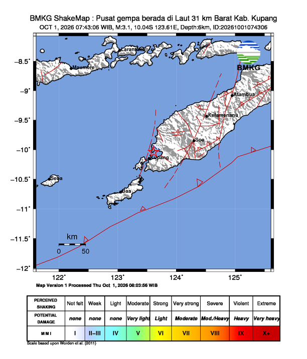 Gempa Magnitudo 3.1, 31km dari Barat Kupang, Nusa Tenggara Timur
