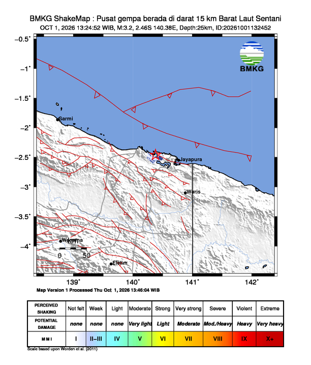 Gempa Magnitudo 3.2, 15km dari Barat Laut Sentani, Papua