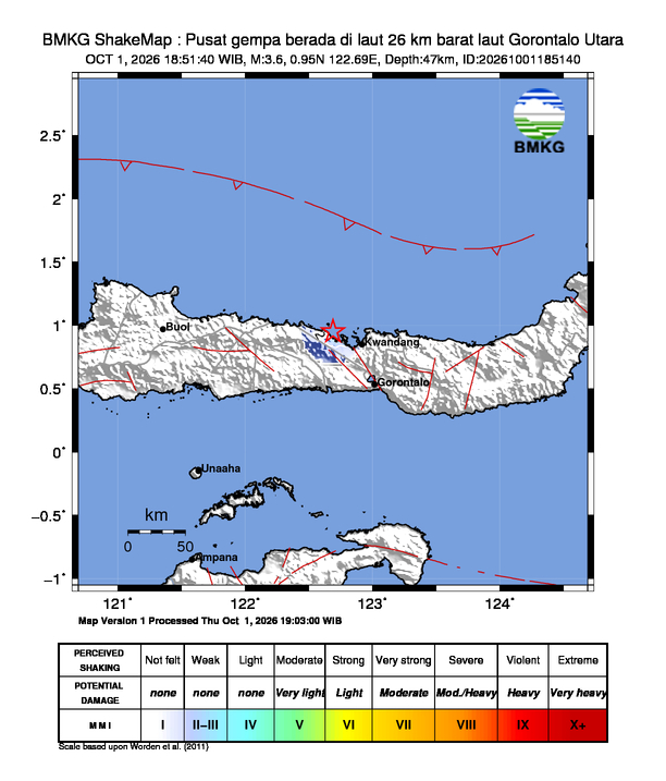 Gempa Magnitudo 3.6, 26km dari Barat laut Gorontalo Utara