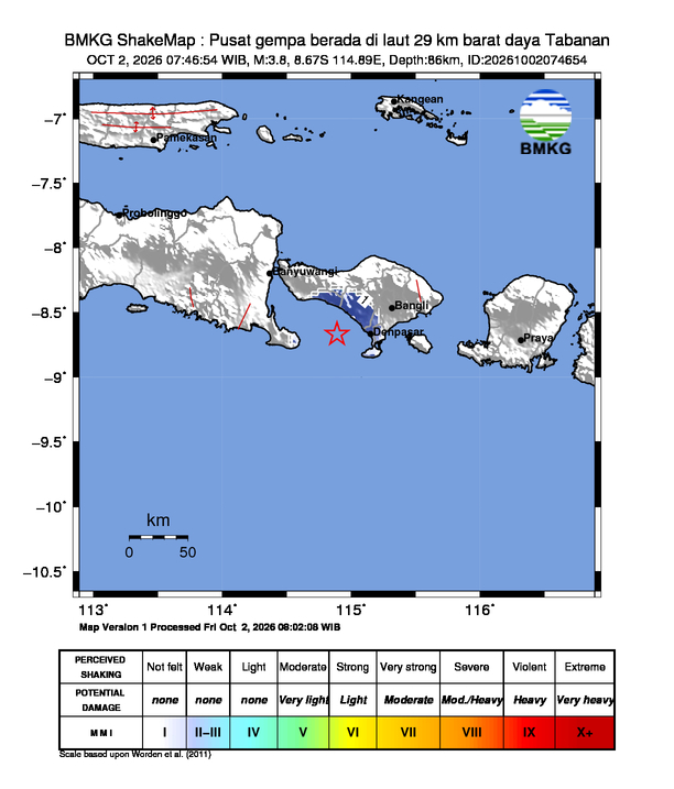 Gempa Magnitudo 3.8, 29km dari Barat daya Tabanan, Bali
