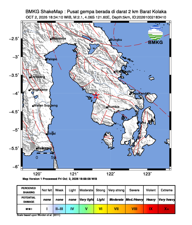 Gempa Magnitudo 2.1, 2km dari Barat Kolaka, Sulawesi Tenggara