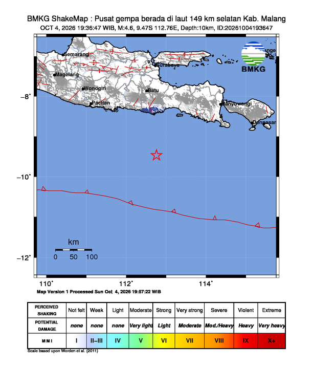 Gempa Magnitudo 4.6, 149km dari selatan Malang, Jawa Timur