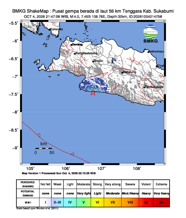 Gempa Magnitudo 4.0, 56km dari Tenggara Sukabumi, Jawa Barat