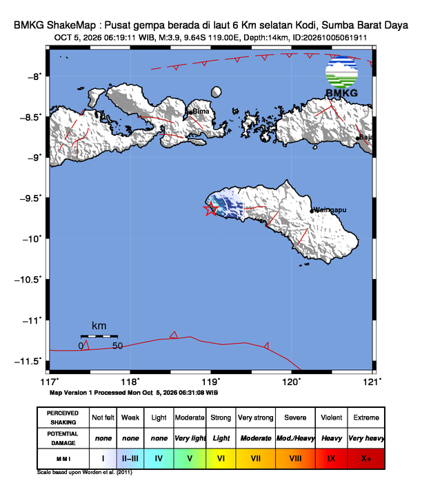 Gempa Magnitudo 3.9, 6 Km Selatan Kodi, Sumba Barat Daya