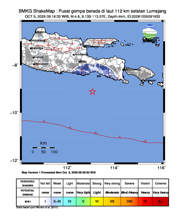 Gempa Magnitudo 4.6, 112km dari Selatan Lumajang, Jawa Timur