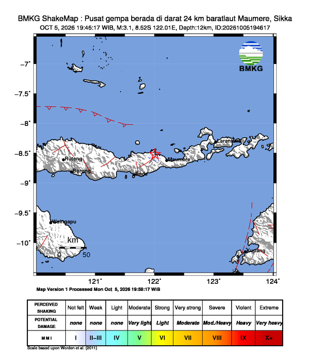 Gempa Magnitudo 3.1, 24km dari baratlaut Maumere, Sikka, Nusa Tenggara Timur