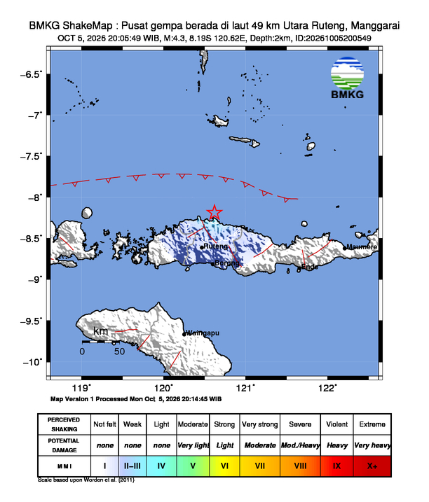 Gempa Magnitudo 4.3, 49km dari Utara Ruteng, Manggarai, Nusa Tenggara Timur