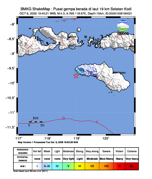 Gempa Magnitudo 4.3, 19km dari Selatan Kodi, Nusa Tenggara Timur