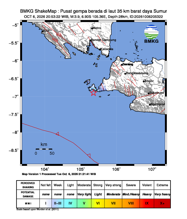 Gempa Magnitudo 3.9, 35km dari Barat daya Sumur, Banten
