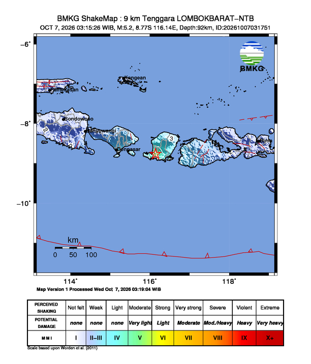 Peta gempa 9 km Tenggara Lombok Barat, Nusa Tenggara Barat