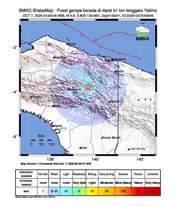 Gempa Magnitudo 4.8, 31km dari Tenggara Yalimo, Papua Pegunungan