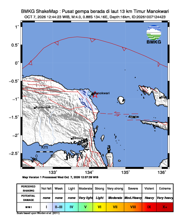 Gempa Magnitudo 4.0, 13km dari Timur Manokwari, Papua Barat
