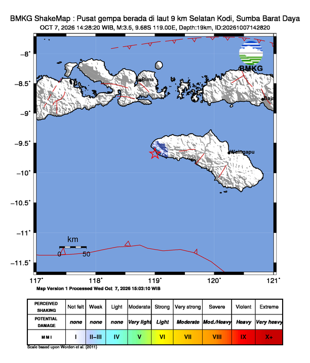 Gempa Magnitudo 3.5, 9km dari Selatan Kodi, Sumba Barat Daya, NTT