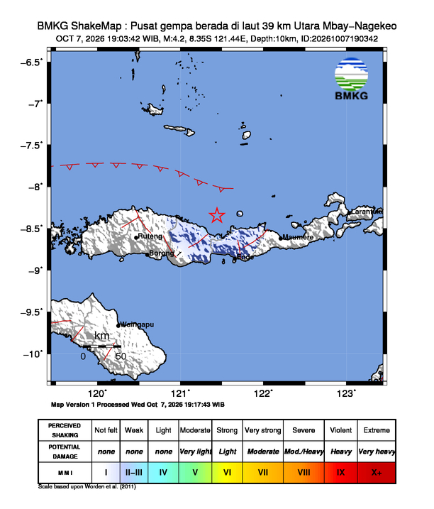 Gempa Magnitudo 4.2, 39km dari Utara Mbay Nagekeo, Nusa Tenggara Timur