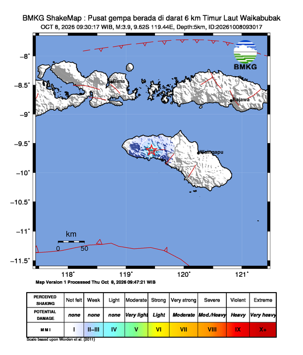 Gempa Magnitudo 3.9, 6km dari Timur Laut Waikabubak, Nusa Tenggara Timur